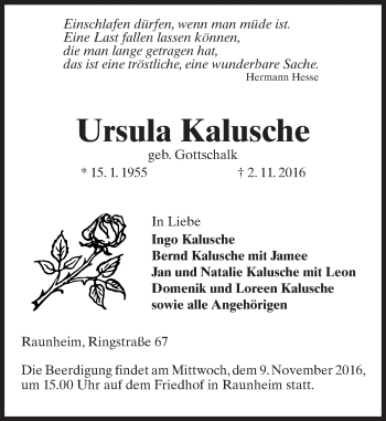 Traueranzeige von Ursula Kalusche von Trauerportal Rhein Main Presse