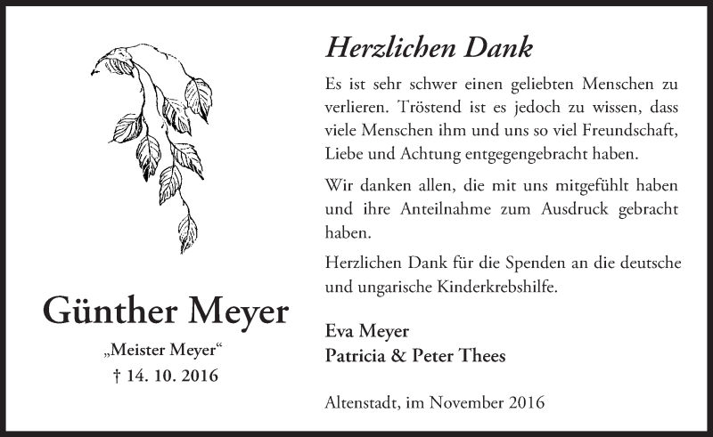  Traueranzeige für Günther Meyer vom 26.11.2016 aus  Kreisanzeiger