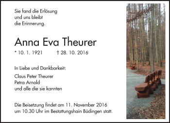 Traueranzeige von Anna Eva Theurer von  Kreisanzeiger