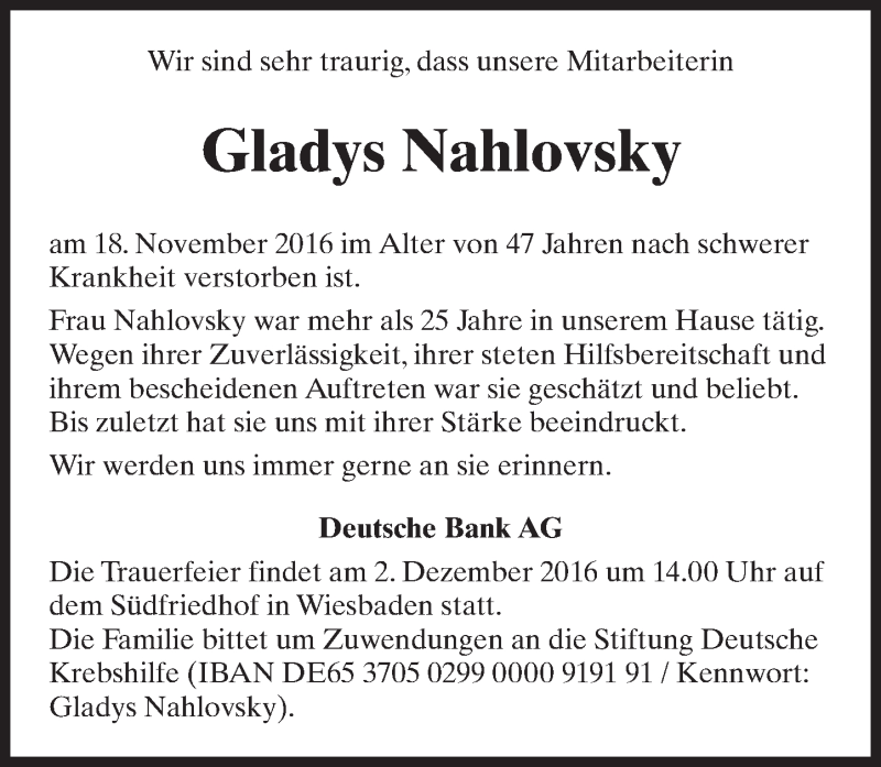  Traueranzeige für Gladys Nahlovsky vom 26.11.2016 aus Trauerportal Rhein Main Presse