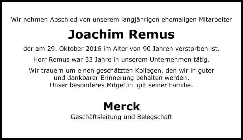  Traueranzeige für Joachim Remus vom 05.11.2016 aus Trauerportal Echo Online