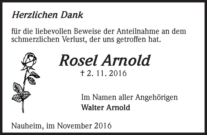  Traueranzeige für Rosel Arnold vom 19.11.2016 aus Trauerportal Echo Online