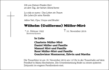 Traueranzeige von Wilhelm Müller-Miró von Trauerportal Rhein Main Presse