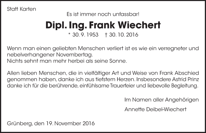  Traueranzeige für Frank Wiechert vom 19.11.2016 aus  Gießener Anzeiger