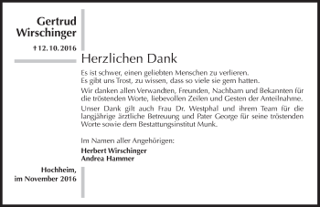 Traueranzeige von Gertrud Wirschinger von Trauerportal Rhein Main Presse