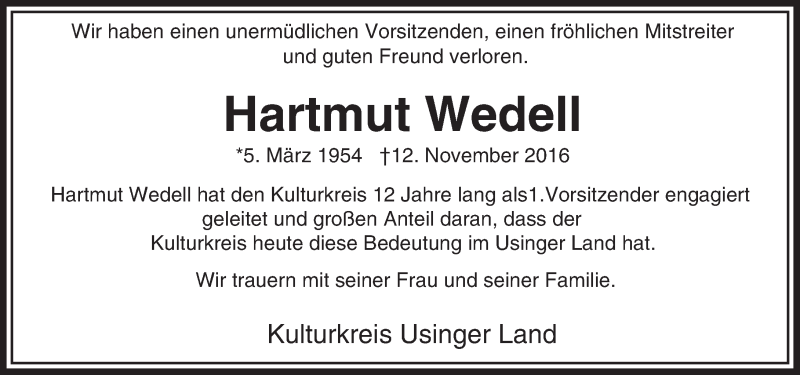  Traueranzeige für Hartmut Wedell vom 17.11.2016 aus  Usinger Anzeiger