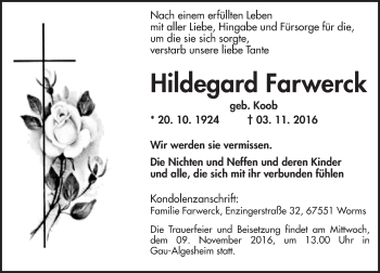 Traueranzeige von Hildegard Farwerck von Trauerportal Rhein Main Presse