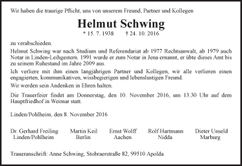 Traueranzeige von Helmut Schwing von  Gießener Anzeiger