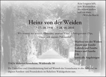 Traueranzeige von Heinz von der Weiden von Trauerportal Rhein Main Presse