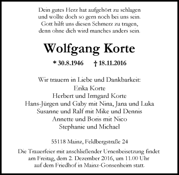 Traueranzeige von Wolfgang Korte von Trauerportal Rhein Main Presse