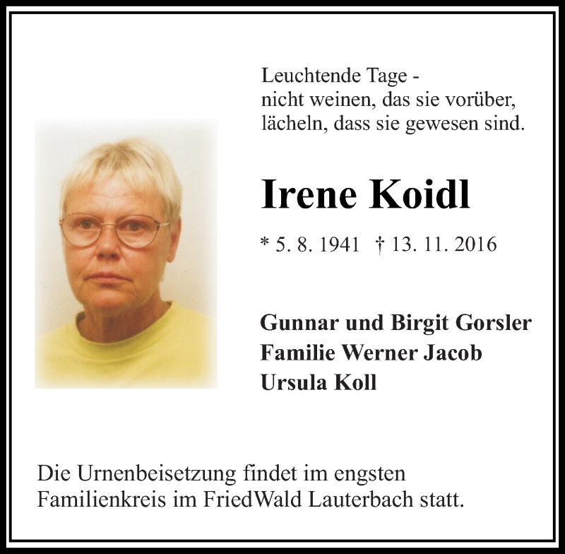  Traueranzeige für Irene Koidl vom 22.11.2016 aus VRM Trauer
