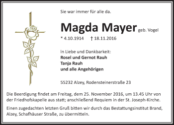 Traueranzeige von Magda Mayer von Trauerportal Rhein Main Presse