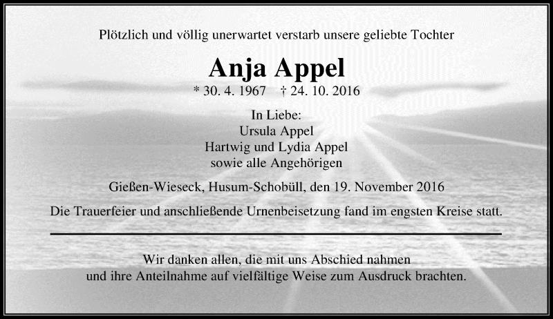  Traueranzeige für Anja Appel vom 19.11.2016 aus  Gießener Anzeiger