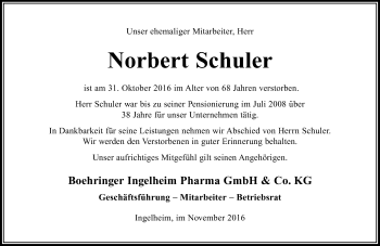 Traueranzeige von Norbert Schuler von Trauerportal Rhein Main Presse
