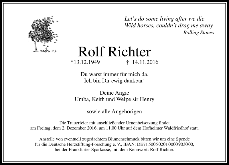  Traueranzeige für Rolf Richter vom 25.11.2016 aus Trauerportal Rhein Main Presse