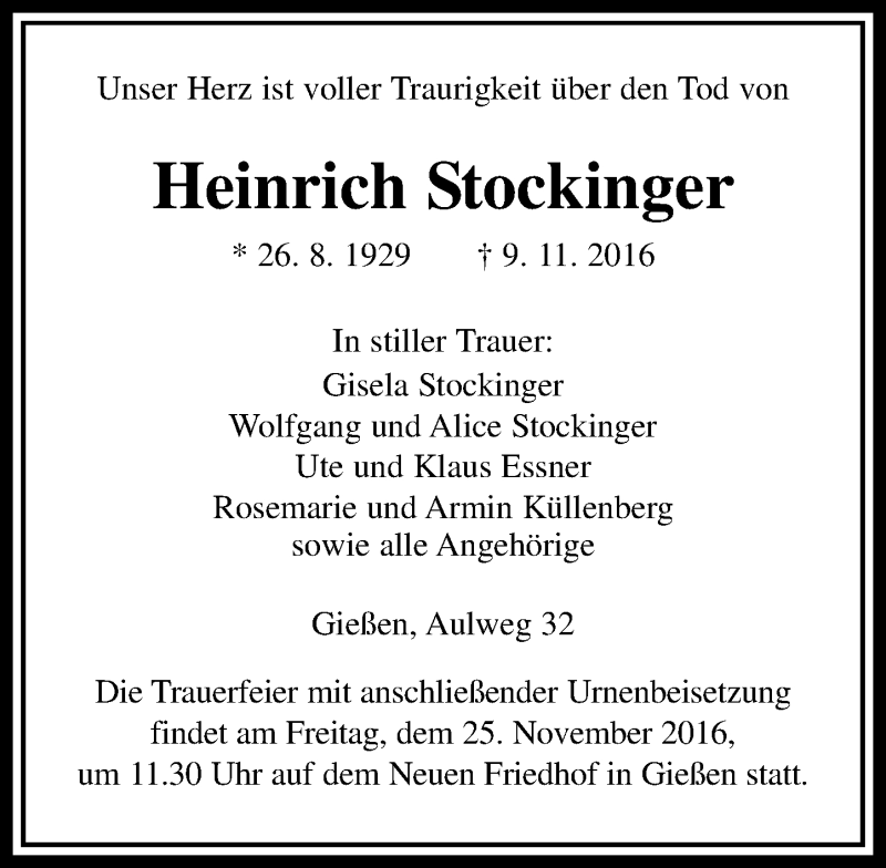  Traueranzeige für Heinrich Stockinger vom 19.11.2016 aus  Gießener Anzeiger