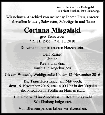 Traueranzeige von Corinna Misgaiski von  Gießener Anzeiger