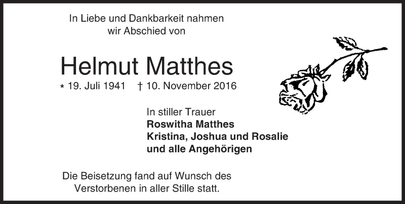  Traueranzeige für Helmut Matthes vom 26.11.2016 aus Trauerportal Echo Online