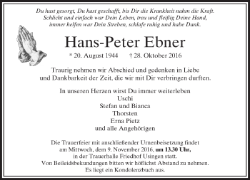 Traueranzeige von Hans-Peter Ebner von  Usinger Anzeiger