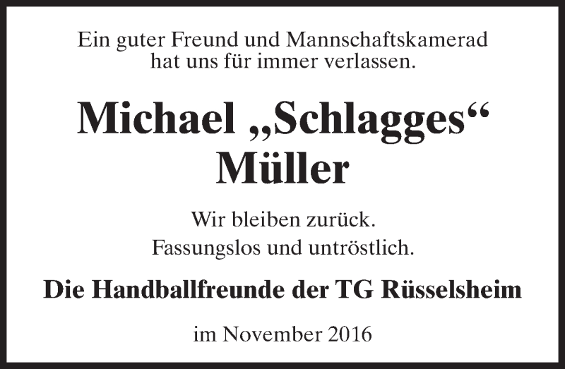  Traueranzeige für Michael Alios Müller vom 10.11.2016 aus Trauerportal Rhein Main Presse