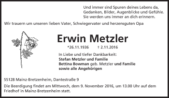 Traueranzeige von Erwin Metzler von Trauerportal Rhein Main Presse