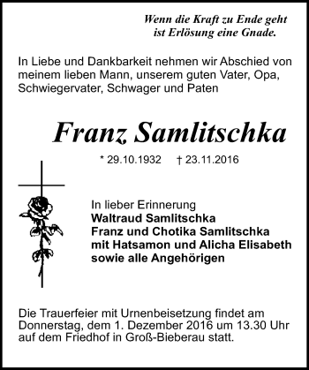 Traueranzeige von Franz Samlitschka von Trauerportal Echo Online