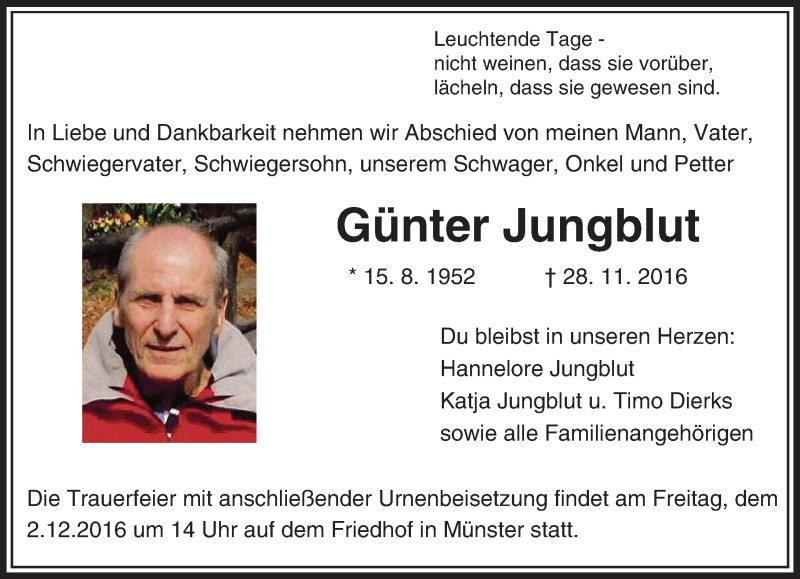  Traueranzeige für Günter Jungblut vom 30.11.2016 aus Trauerportal Echo Online