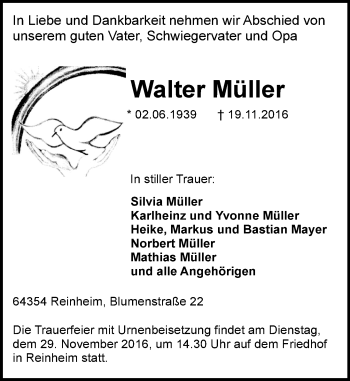 Traueranzeige von Walter Müller von Trauerportal Echo Online
