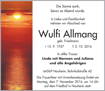Traueranzeige von Wulfi Allmang von Trauerportal Echo Online