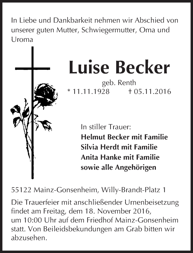  Traueranzeige für Luise Becker vom 12.11.2016 aus Trauerportal Rhein Main Presse