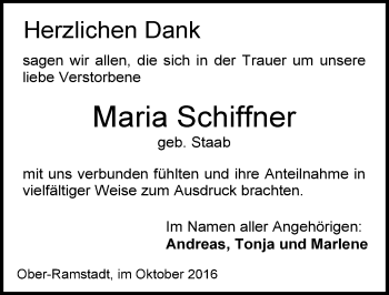 Traueranzeige von Maria Schiffner von Trauerportal Echo Online