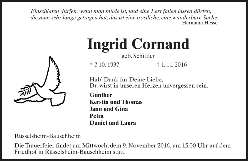  Traueranzeige für Ingrid Cornand vom 05.11.2016 aus Trauerportal Rhein Main Presse