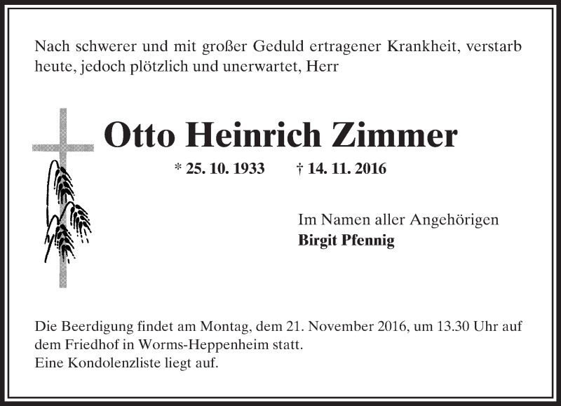  Traueranzeige für Otto Heinrich Zimmer vom 18.11.2016 aus Trauerportal Rhein Main Presse