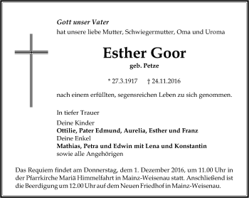 Traueranzeige von Esther Goor von Trauerportal Rhein Main Presse