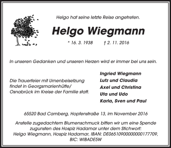 Traueranzeige von Helgo Wiegmann von  Camberger Anzeiger