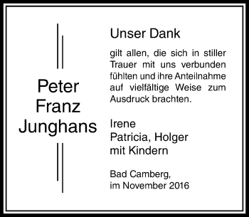Traueranzeige von Peter Franz Junghans von  Camberger Anzeiger