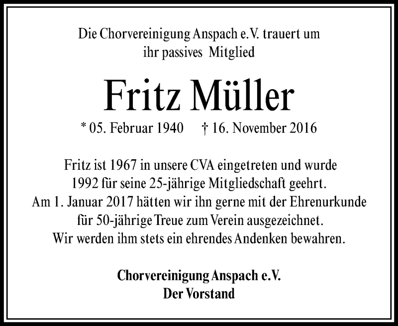  Traueranzeige für Fritz Müller vom 23.11.2016 aus  Usinger Anzeiger