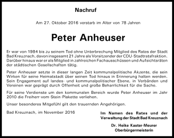 Traueranzeige von Peter Anheuser von Trauerportal Rhein Main Presse