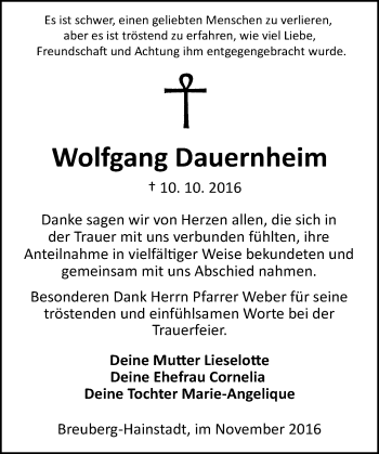Traueranzeige von Wolfgang Dauernheim von Trauerportal Echo Online