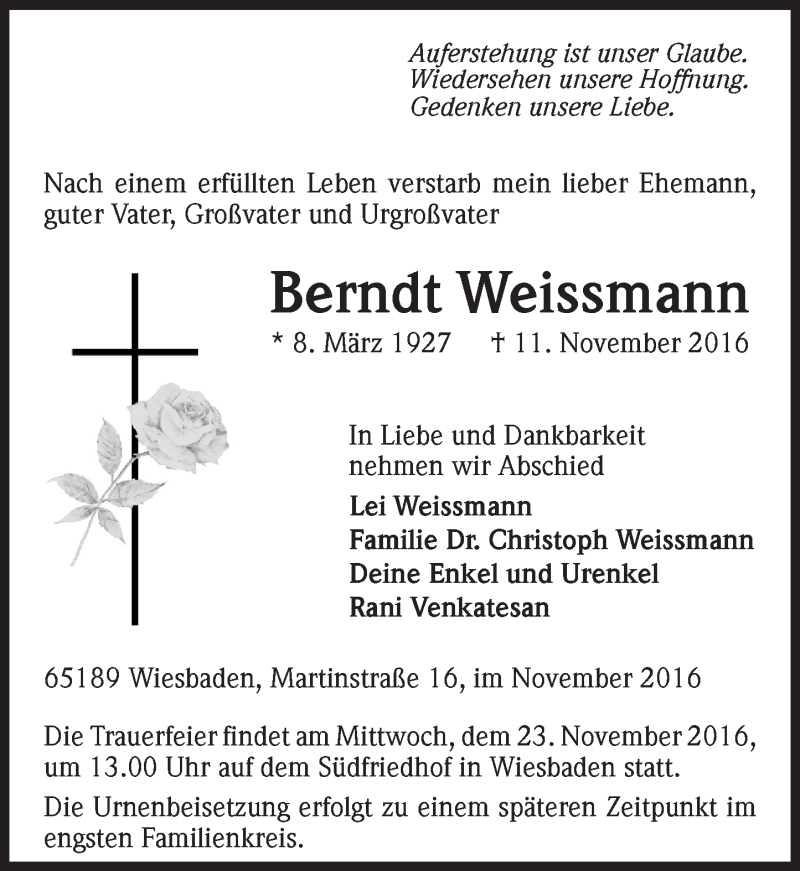  Traueranzeige für Berndt Weissmann vom 15.11.2016 aus Trauerportal Rhein Main Presse
