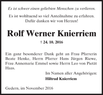 Traueranzeige von Rolf Werner Knierriem von  Kreisanzeiger