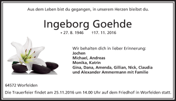 Traueranzeige von Ingeborg Goehde von Trauerportal Echo Online