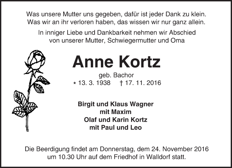  Traueranzeige für Anne Kortz vom 21.11.2016 aus Trauerportal Echo Online