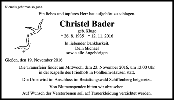 Traueranzeige von Christel Bader von  Gießener Anzeiger