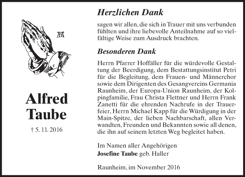  Traueranzeige für Alfred Taube vom 19.11.2016 aus Trauerportal Rhein Main Presse