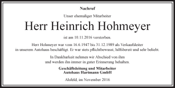 Traueranzeige von Heinrich Hohmeyer von VRM Trauer