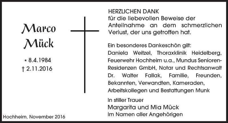  Traueranzeige für Marco Mück vom 18.11.2016 aus Trauerportal Rhein Main Presse