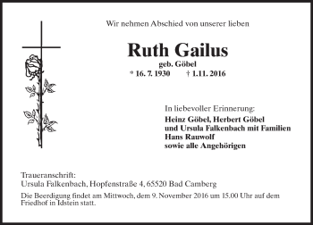 Traueranzeige von Ruth Gailus von Trauerportal Rhein Main Presse