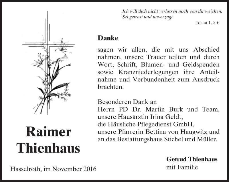  Traueranzeige für Raimer Thienhaus vom 22.11.2016 aus  Gelnhäuser Tageblatt