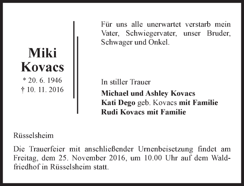  Traueranzeige für Miki Kovacs vom 19.11.2016 aus Trauerportal Rhein Main Presse